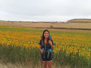 Angela Caminoing along through the sunflowers.