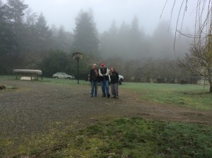 Three neighbors that have come to walk in the fog this morning.  