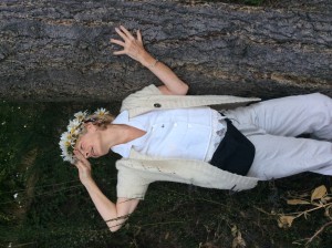 Jennifer in a swoon after tree hugging.  Notice chemo pump fanny pack and crown of daisies.  What a look!